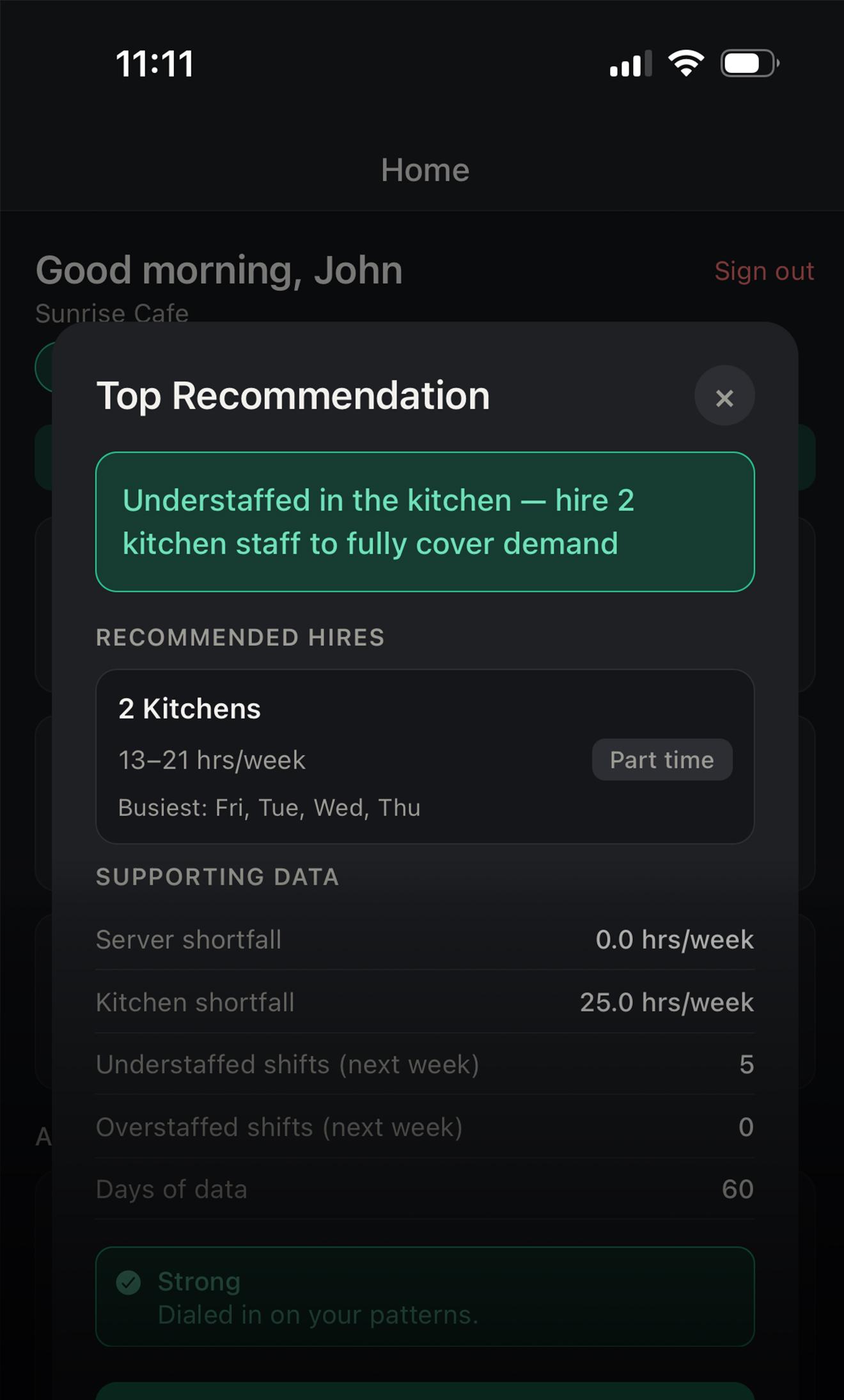 Hiring recommendation screen