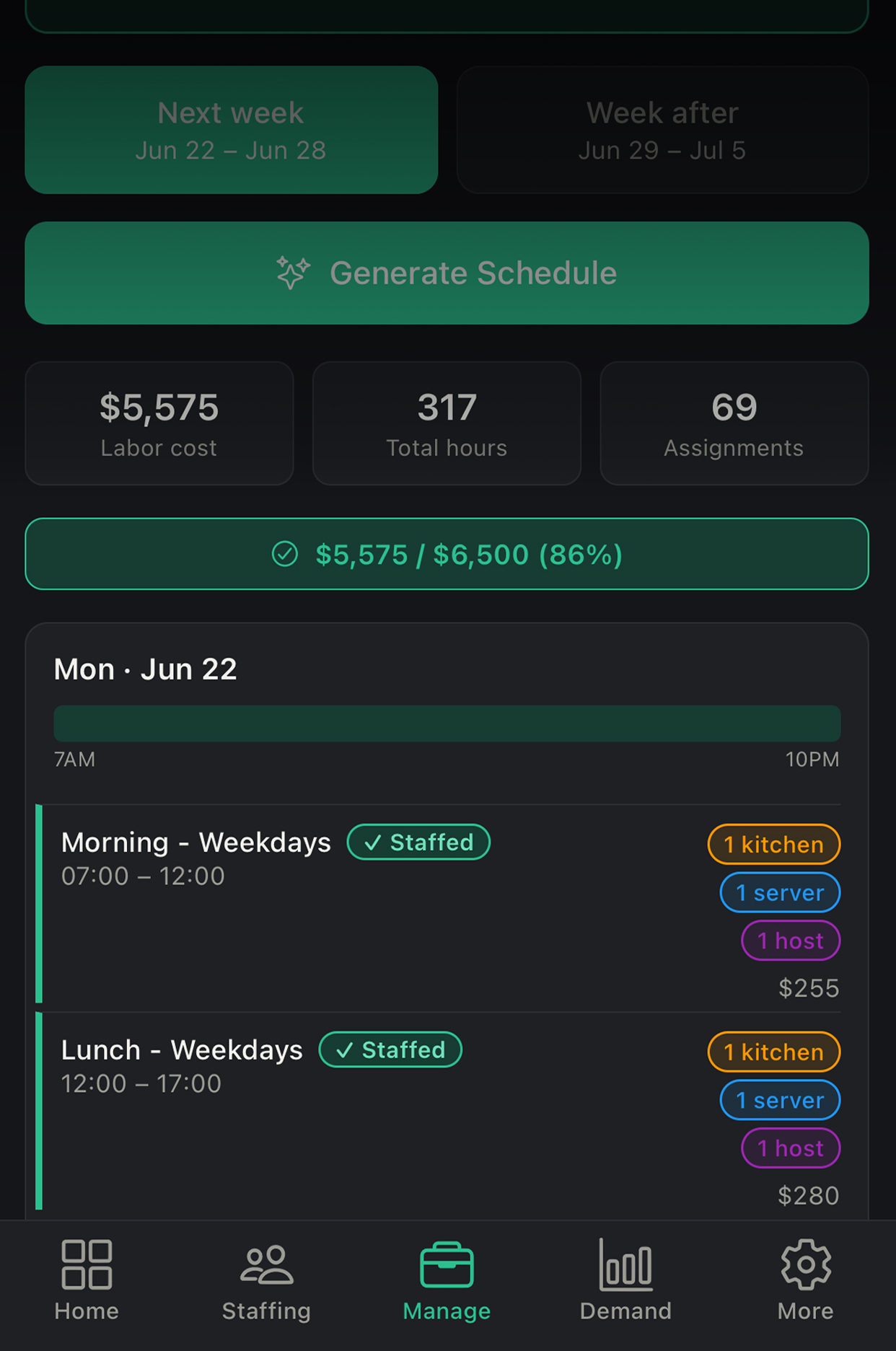 Weekly schedule screen